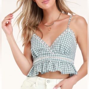 Lulus Zoey Green Gingham Print Sleeveless
Ruffled Tank Top - Size Small